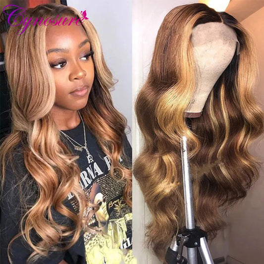 Cynosure HD Transparent Highlight Colored Human Hair Wigs For Black Women Pre Plucked T Middle Part Lace Front Human Hair Wigs